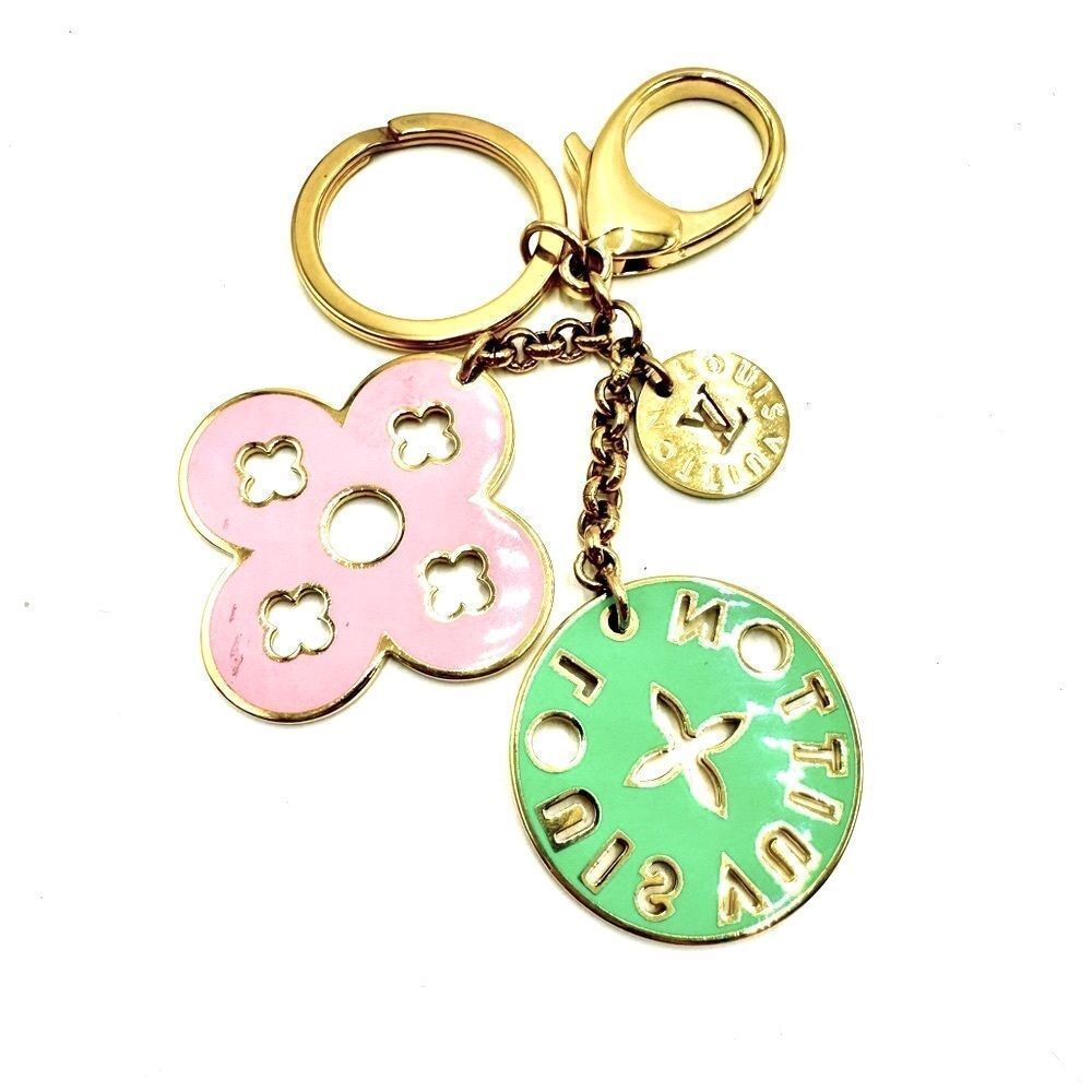 Auth Louis Vuitton Goldtone Key Ring Purse Accent Pink Green Preloved Bag Charm
